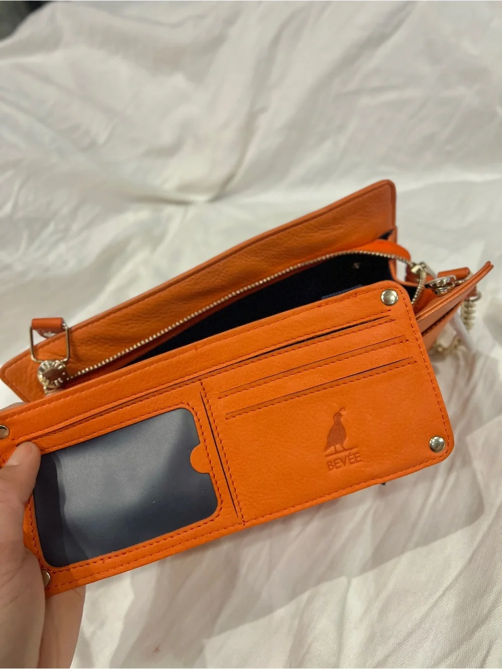 rare BEVEE Orange Pebbled Leather Convertible Clutch Crossbody‎ Wallet Chain Bag